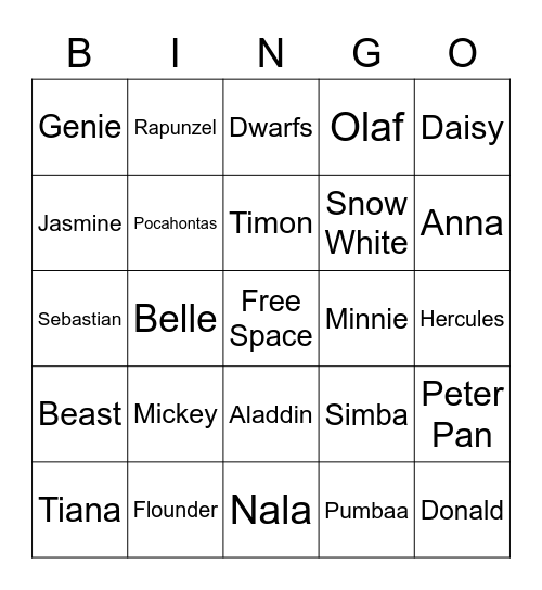 Disney Characters Bingo Card