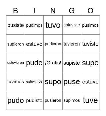 Irregular preterite verbs Bingo Card