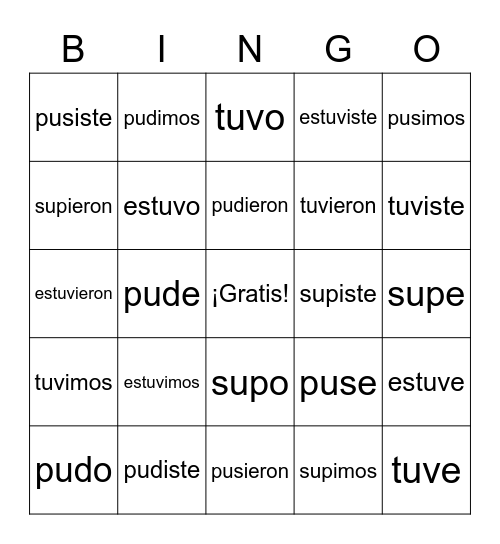 Irregular preterite verbs Bingo Card