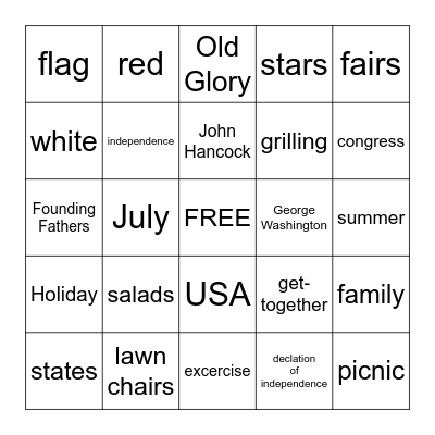 Fourth of July Bingo Card