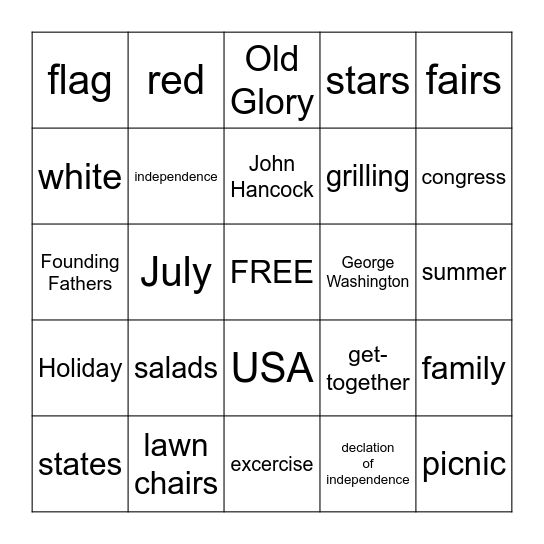 Fourth of July Bingo Card