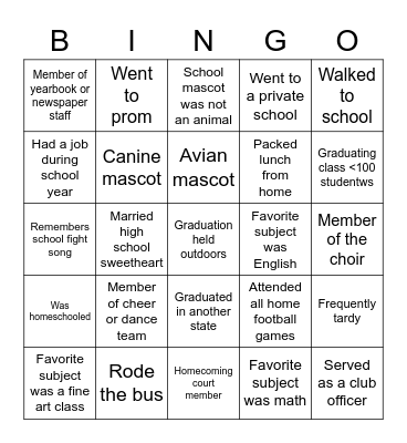 High School Memories Bingo Card