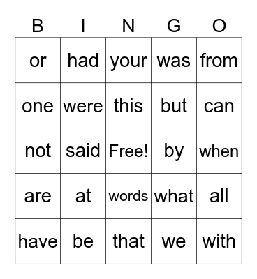 Sight Words Bingo Card