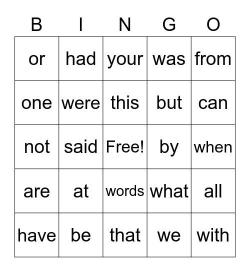 Sight Words Bingo Card