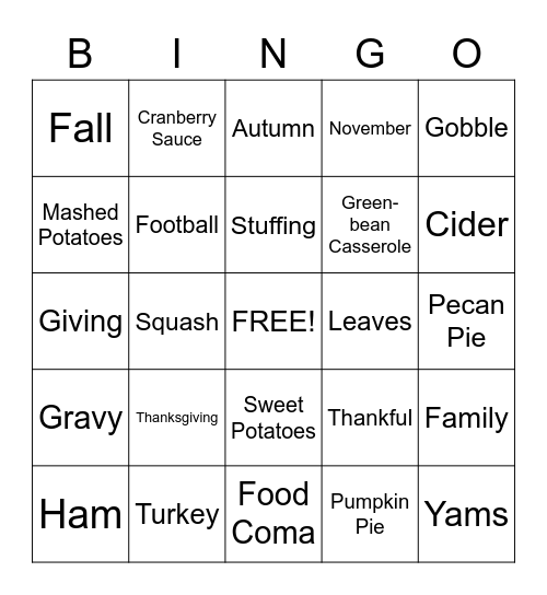 Thanksgiving Bingo Card