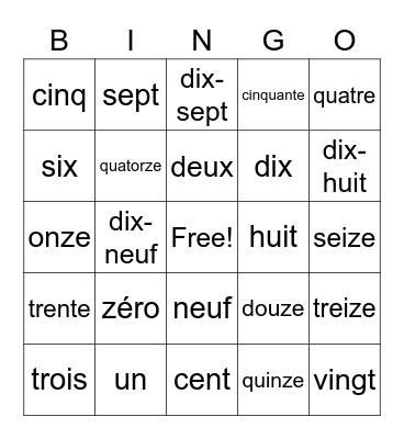 French Numbers Bingo Card