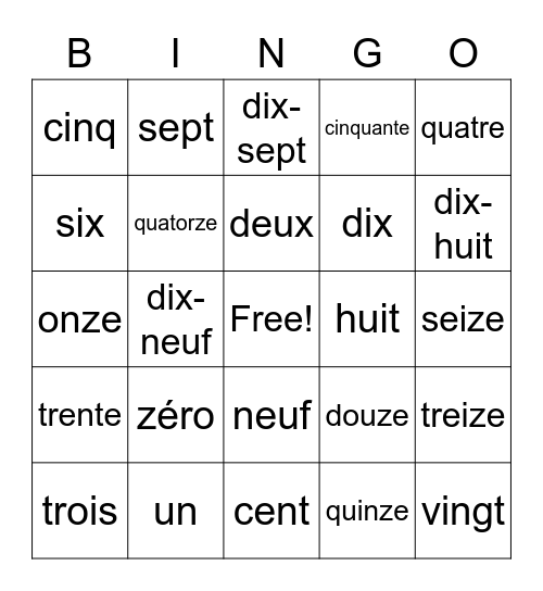 French Numbers Bingo Card