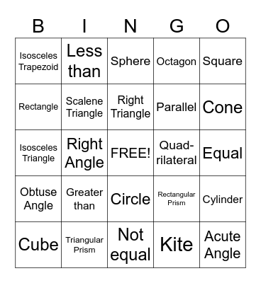 Geometry Bingo Card