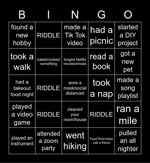 Summer Quarantine Bingo Card