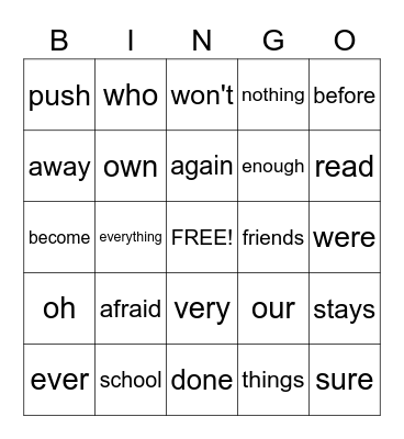 Vocabulary Bingo Card