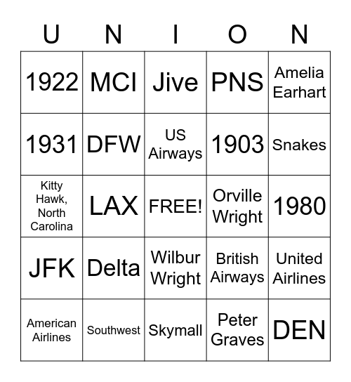 Airplane Bingo Card