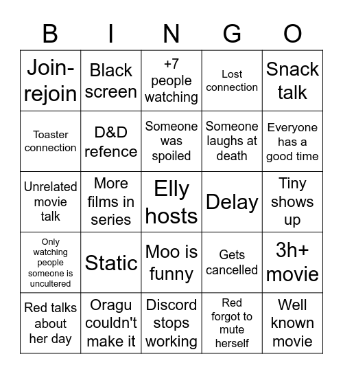 Elly's movie night bingo Card