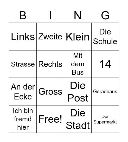 Directions Bingo Card