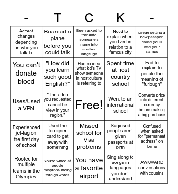 Where are you from? Bingo Card