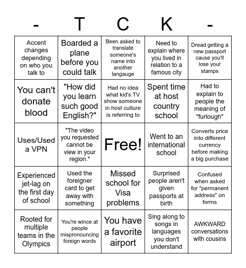 Where are you from? Bingo Card