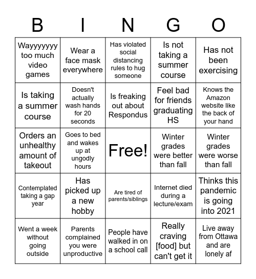 uOttawa Discord Quarantine Bingo Card