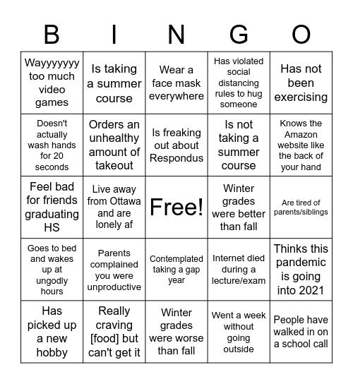 uOttawa Discord Quarantine Bingo Card