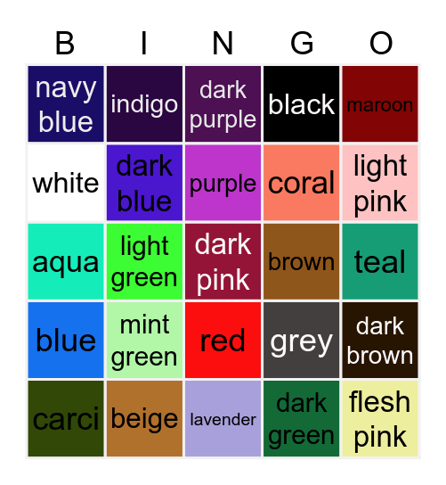 Colours Bingo Card