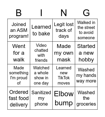 Quarantine Bingo Card