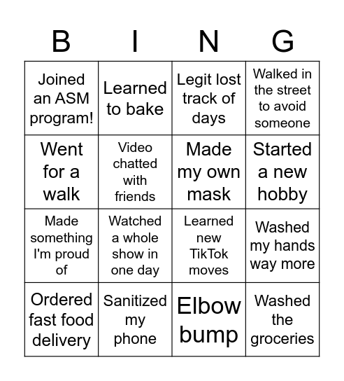 Quarantine Bingo Card