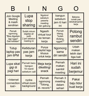 Remote Work Bingo Card