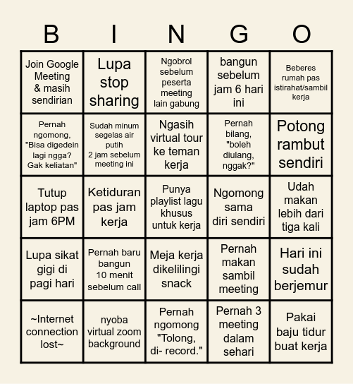 Remote Work Bingo Card