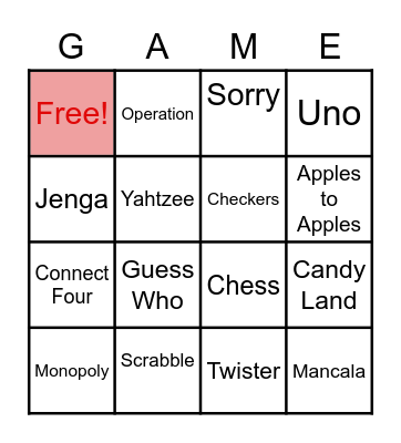 Game Time Bingo Card