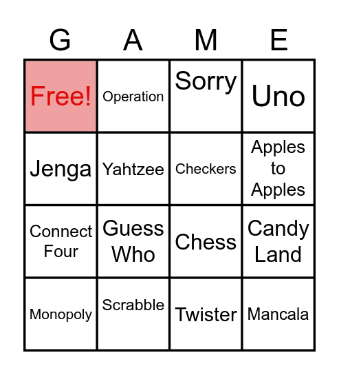 Game Time Bingo Card