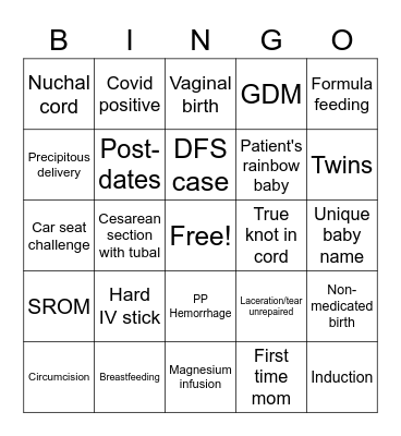 Labor and Delivery Bingo Card