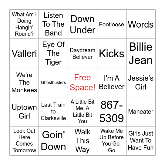 80s & Monkees Bingo Card