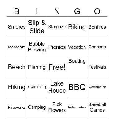 Summer Activities Bingo Card