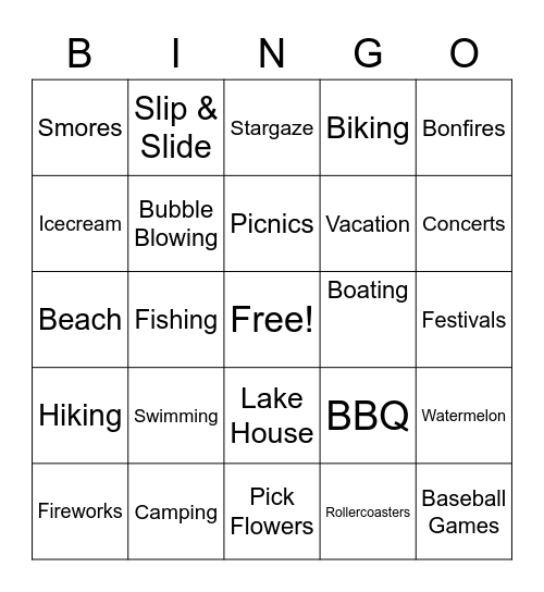 Summer Activities Bingo Card
