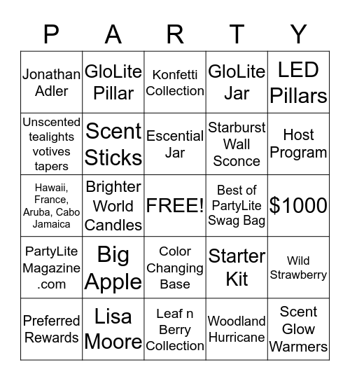 PartyLite Bingo!! Bingo Card