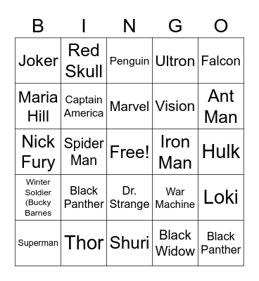 Superhero Bingo Card