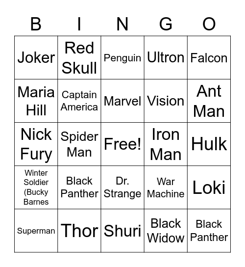 Superhero Bingo Card