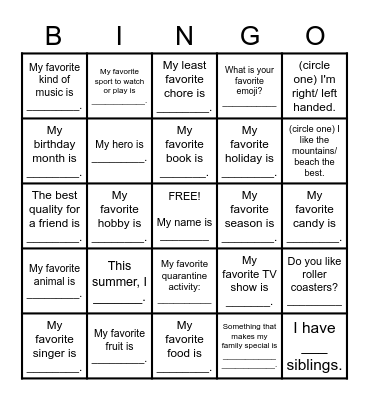 All About Me Bingo Card
