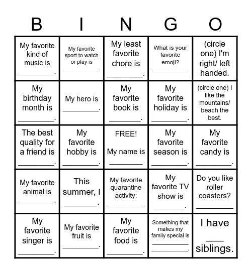 All About Me Bingo Card