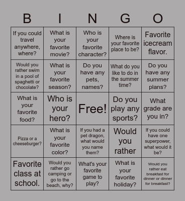 Getting to know you Bingo Card