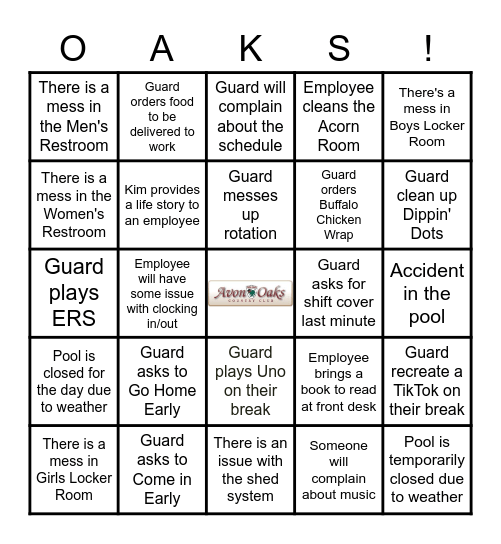 The Avon Oaks Country Club Pool Bingo Card