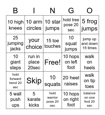 Fitness Bingo Card