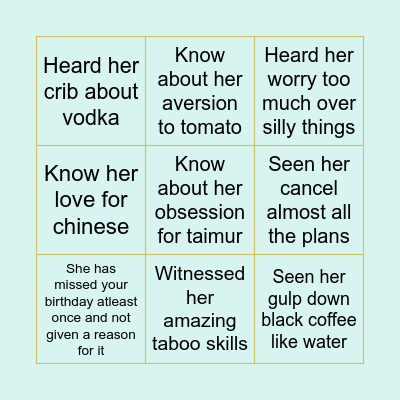 Payal's Birthday Bingo Card