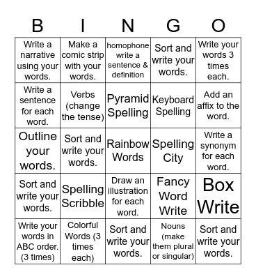 Words Their Way Spelling Bingo Card