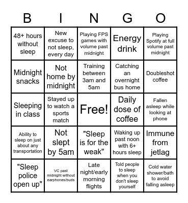 Nocturnality Bingo Card