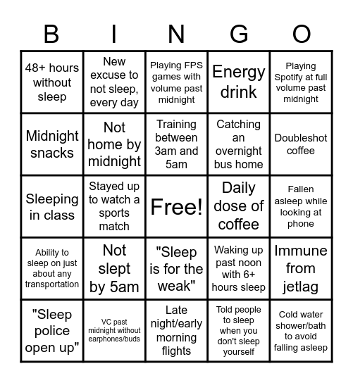 Nocturnality Bingo Card