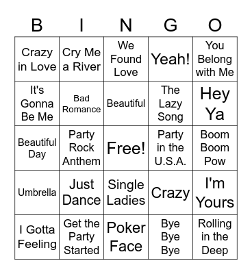 2000s Pop Bingo Card