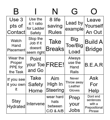 Safety BINGO Card