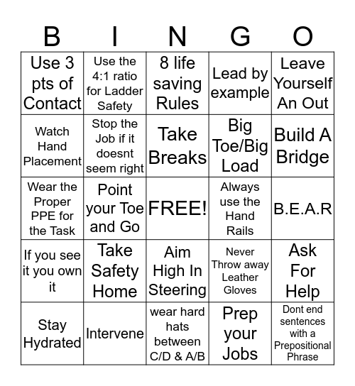 Safety BINGO Card