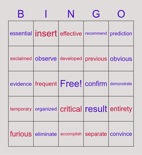 4th Grade Vocabulary Bingo Card