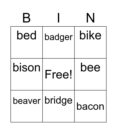 Letter B Bingo Card