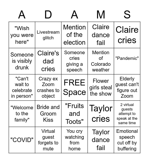 Adams Wedding Bingo! Bingo Card